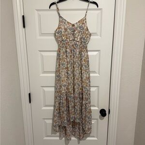 Liberty Love Cream Floral High-Low Maxi Dress with Pink Blue Green Accents